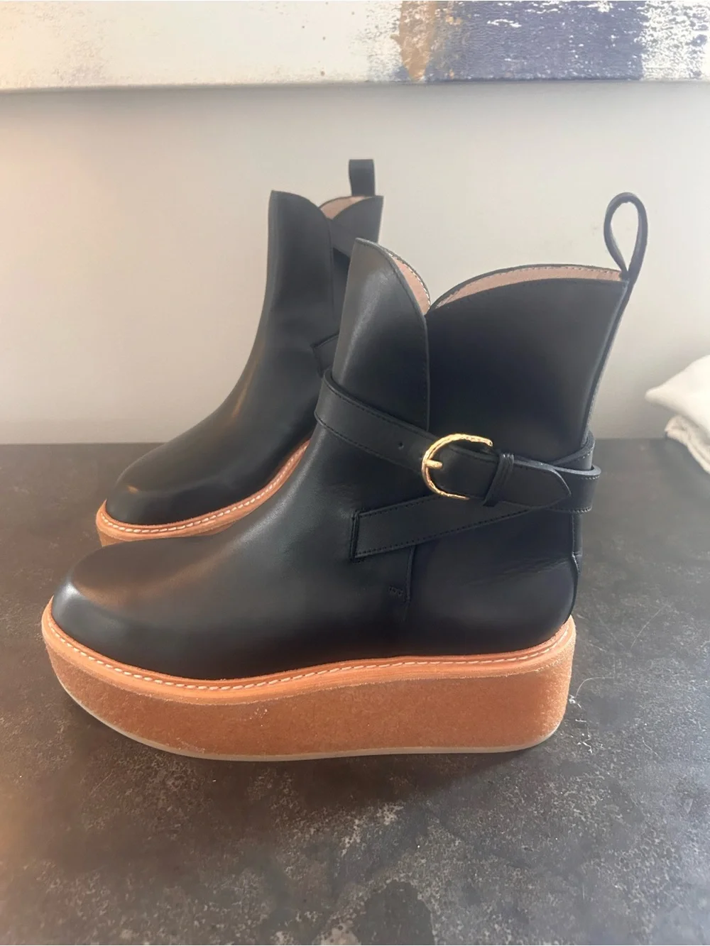 Ulla Johnson Black Leather Platform Ankle Boots with Tan Crepe Sole